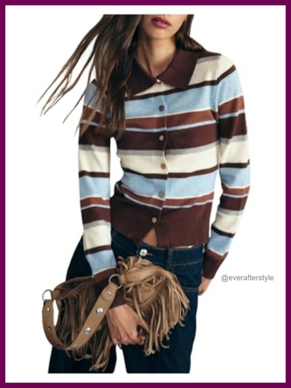 Women's Striped Cardigan Sweater Collared Button Down Cropped Knit